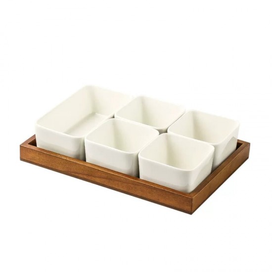 Wood and Porcelain Five-Piece Serving Set